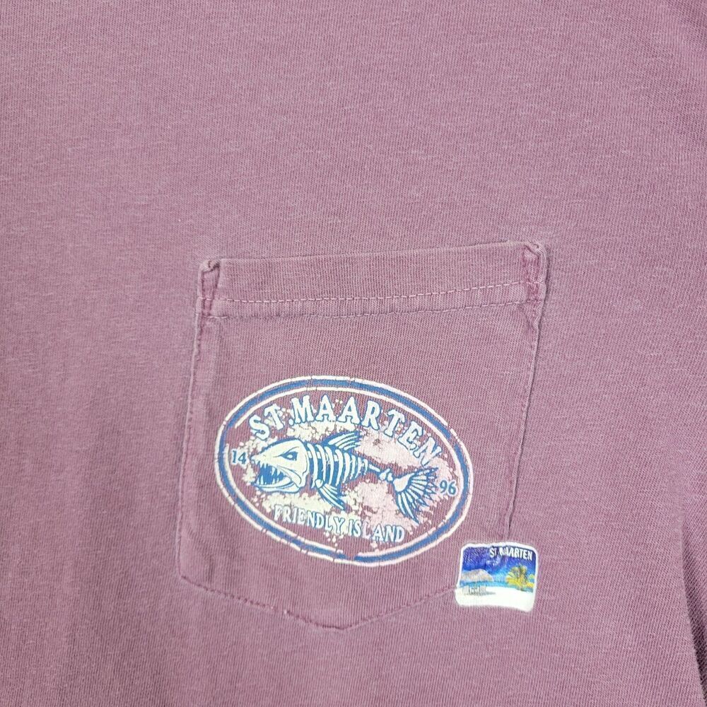 Vintage St. Maarten Shirt Mens Medium Burgundy Pocket Friendly Island Fish 1496 - Picture 2 of 8